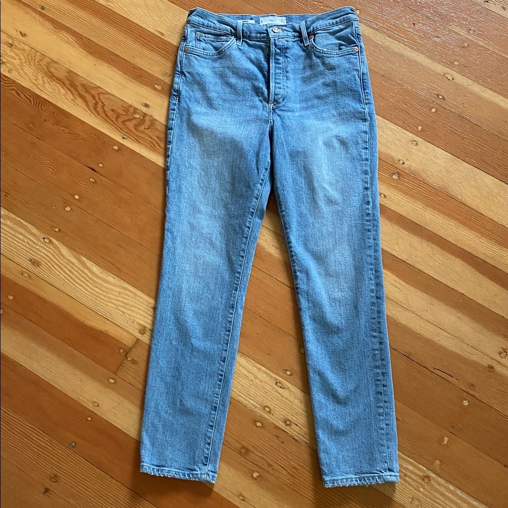 Mango MNG Gisele High Waist Slim Lightwash Denim Button Fly Jeans 8‎